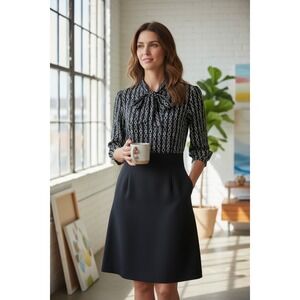 Trina Turk Silk Midi Dress Career Wedding Guest Black Bow Party Size 8 Church